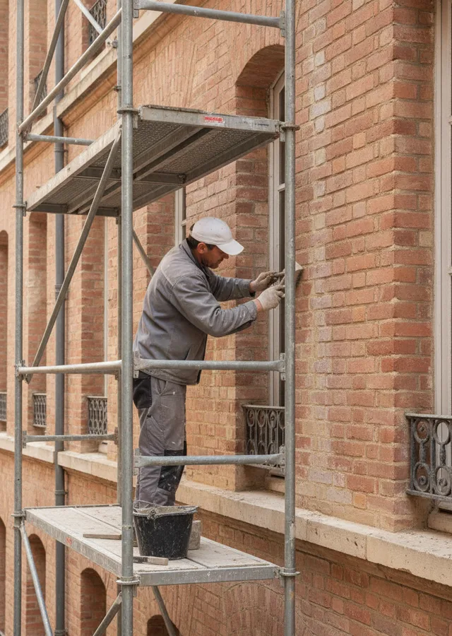 Façadier ravalant une façade sur échafaudage à Toulouse